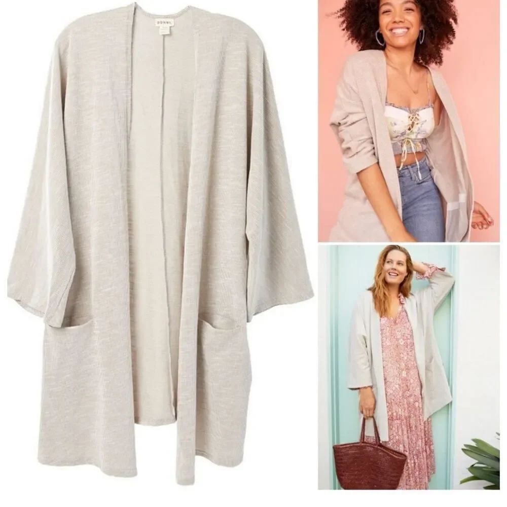 DONNI ribbed cardigan pockets one size fits all grayish taupe oatmeal color